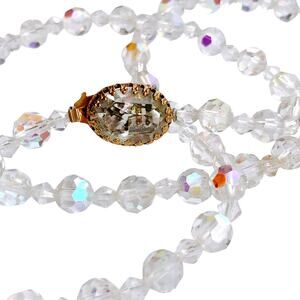 VTG Mid Century AB Crystal Necklace Faceted Glass Beads 1960s Gold Tone Clasp